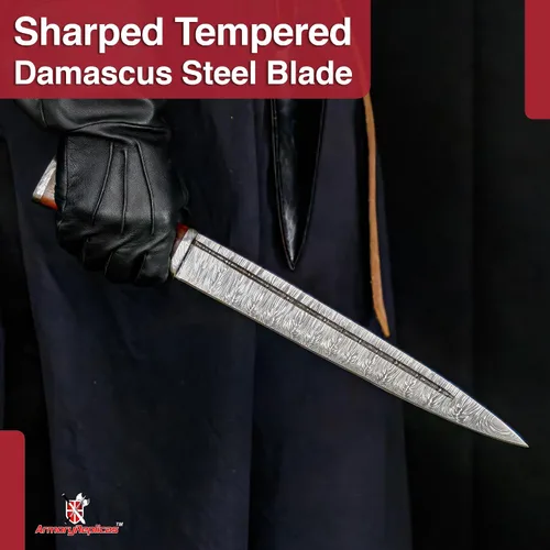 Vista 4 de Armory Replicas Hometown - Cuchillo de daga de hoja de acero Damasco con mango de madera de nogal y funda de cuero genuino