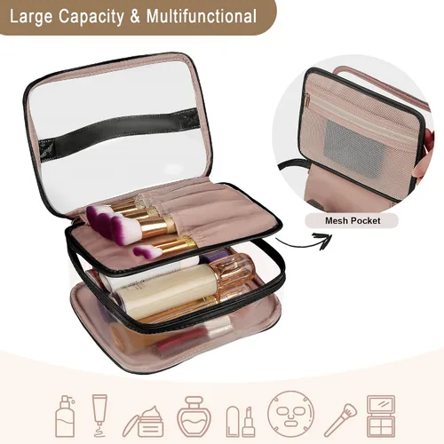 Vista 3 de Bolsa de aseo transparente, organizador de artículos de aseo de viaje transparente, gran apertura, bonita bolsa de maquillaje de viaje, artículos