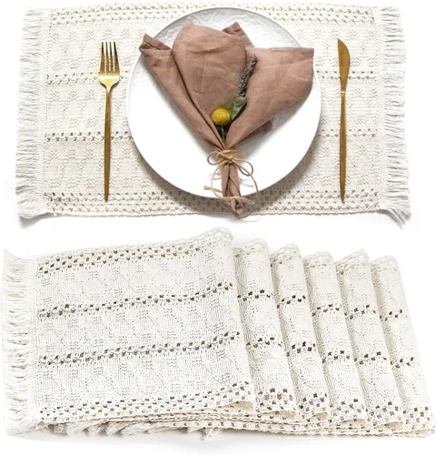 Vista 13 de FEXIA Juego de 6 manteles individuales bohemios, decoración de mesa de macramé y manteles individuales estilo casa de campo de arpillera de algodón