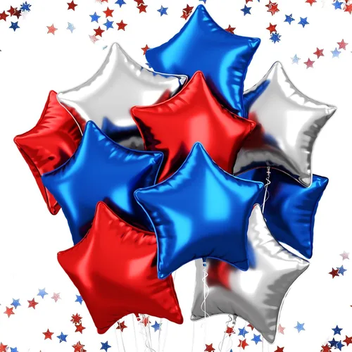 Vista 17 de Globos de estrellas rojas, azules y negras, globo de papel de aluminio de 18 pulgadas para helio, paquete de 10 globos rojos y azules, globo de Negro