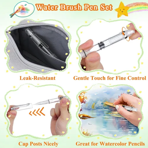 Vista 4 de NUOBESTY Juego de 5 pinceles de agua – Plumas recargables para acuarela, caligrafía, pintura, dibujo, álbum de recortes y bocetos