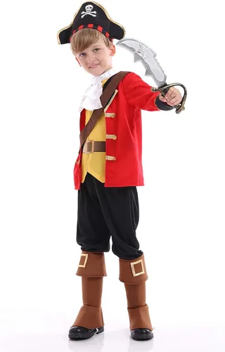 Vista 4 de Funivals Disfraz de pirata de lujo para niños, juego de rol de capitán de siete mares para fiesta de Halloween