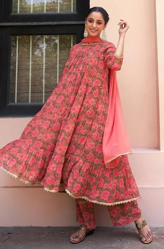Vista 3 de Janasya Conjunto Kurta Embellecido con estampado floral digital rosa Georgette para mujer