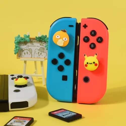Vista 5 de DLseego Pika & Duck - 4 tapas de agarre para el pulgar regular SwitchSwitch LiteSwitch OLED Joy Con Joystick de silicona suave, lindo protector