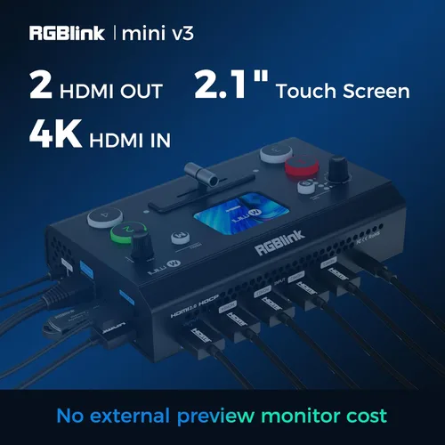 Vista 3 de RGBlink Mini V3 Conmutador de Video con Características Personalizables a través de la Nube TAO – Conmutador HDMI 4K, Pantalla Táctil de 2.1