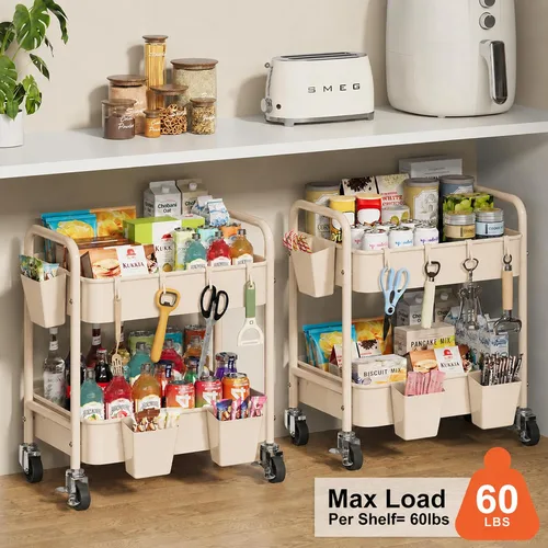 Vista 2 de Carrito pequeño de 2 niveles beige con ruedas, carrito de pañales para artículos esenciales para el cuarto de bebé, carrito de metal para debajo