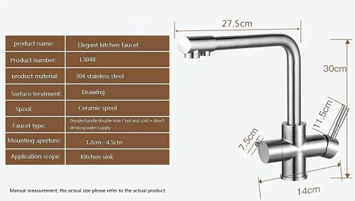 Vista 7 de Grifo de acero inoxidable de 360 ° para fregadero de cocina, latón sin plomo, 3 en 1, mezclador de agua potable, filtro de agua potable, grifo
