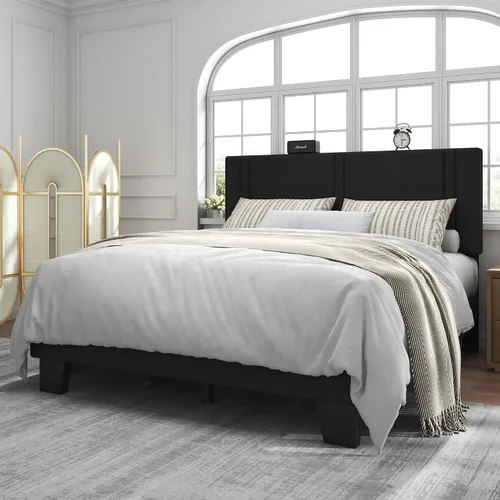 Vista 3 de Feonase Marco de Cama de Plataforma de Tamaño Completo, Marco de Cama Tapizado en Tela con Respaldo Alado, Listones de Madera Maciza y Soporte