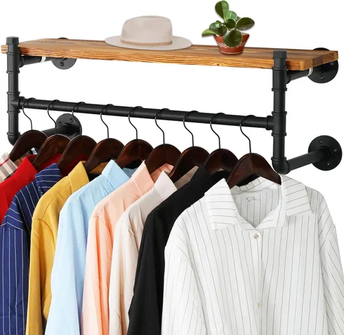 Vista 14 de WEBI Perchero de pared con estante, perchero industrial de 24 pulgadas con estantes, barra de ropa de hierro resistente, barra de ropa de exhibición