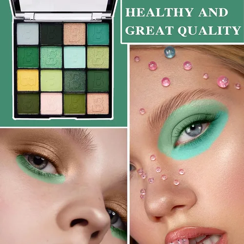 Vista 6 de Paleta de sombra de ojos verde brillante de 16 colores, paleta de sombra de ojos metálica mate impermeable, paleta de sombra de ojos altamente
