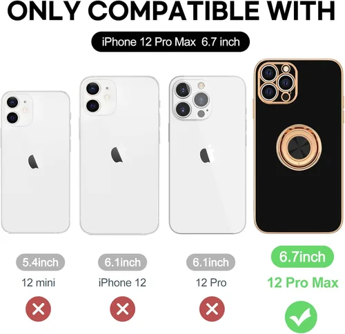 Vista 7 de Hython Funda para iPhone 12 Pro Max con Soporte de Anillo [Soporte Magnético Giratório de 360°] [Forro de Microfibra Suave] Borde Chapado en Oro