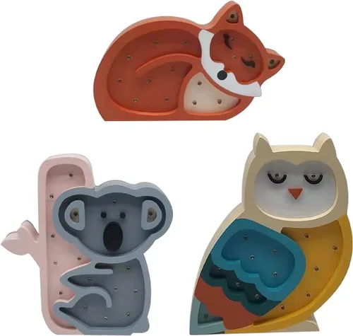 Vista 8 de Luz de noche LED decorativa para niños, decoración de guardería de bebé, lindo zorro lámpara de mesa de madera, letrero de animal, adorno