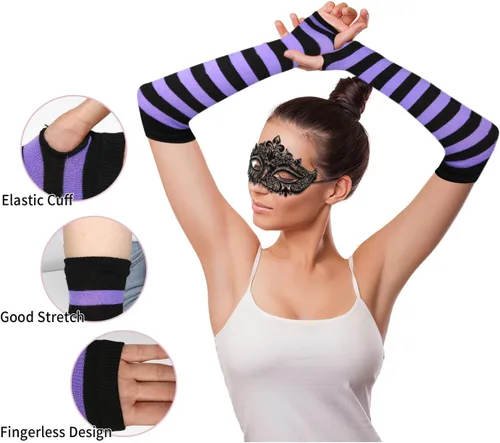 Vista 2 de Benefeet Sox Calcetines altos hasta el muslo a rayas para mujeres y niñas, calcetines altos por encima de la rodilla, calentador de piernas, brazos