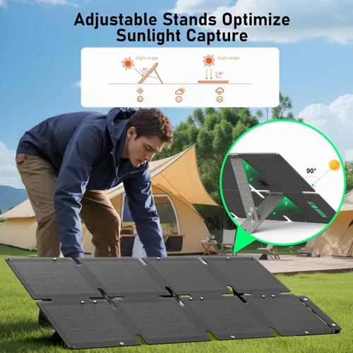 Vista 4 de Panel solar portátil de 60 W, monocristalino 24.8% panel solar plegable de alta eficiencia, puerto USB C, impermeable IP65 con soporte, panel solar