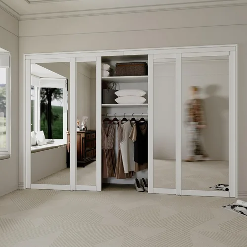 Vista 6 de Puertas correderas de espejo de 48 x 80 pulgadas para dormitorios, puerta interior de espejo a prueba de roturas mejorada con kit de herrajes