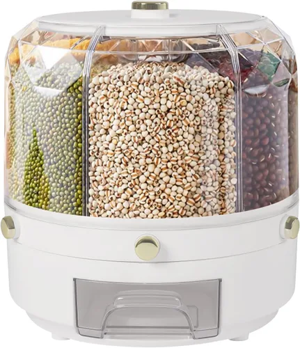 Vista 12 de Dispensador de alimentos secos de almacenamiento de arroz de 6 rejillas, dispensador de granos con taza medidora, dispensador de arroz de 22 libras