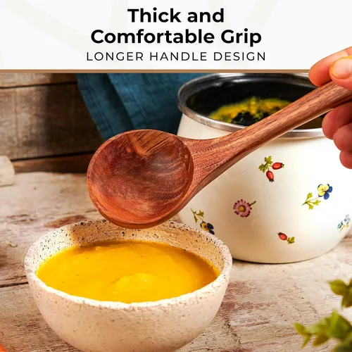 Vista 5 de Cucharón de madera para cocinar, cuchara de sopa - Cuchara de madera de teca, mango de 12.4 pulgadas, tamaño mediano de 2 onzas, ecológico, natural