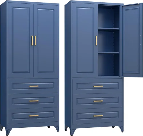 Vista 13 de SteeLoong - Armario de despensa de cocina, armario de almacenamiento de metal negro de 71" con puertas y 4 estantes ajustables, gabinete de cocina
