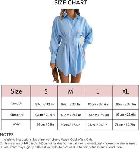 Vista 3 de TOPINCN Minivestido tipo camisa con cuello en V para mujer, estilo casual, manga larga, botones, fruncido, longitud hasta la rodilla, vestido