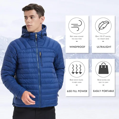 Vista 4 de Chaqueta de plumón para hombre, plegable, ligera, resistente al agua, con capucha