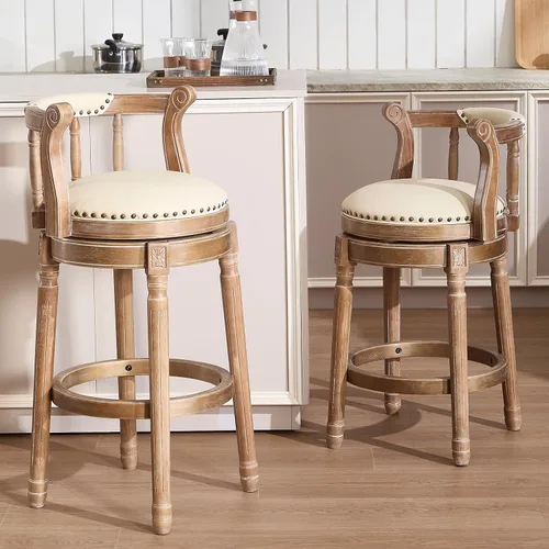 Vista 6 de RAINMOOD Taburetes de bar giratorios de cuero genuino beige mostrador de barra de madera con reposapiés para cocina, comedor, sala de estar