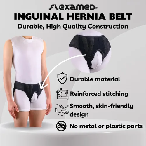 Vista 6 de FlexaMed Hernia Gear - Cinturón doble para hernia inguinal, color negro (S 26-30)