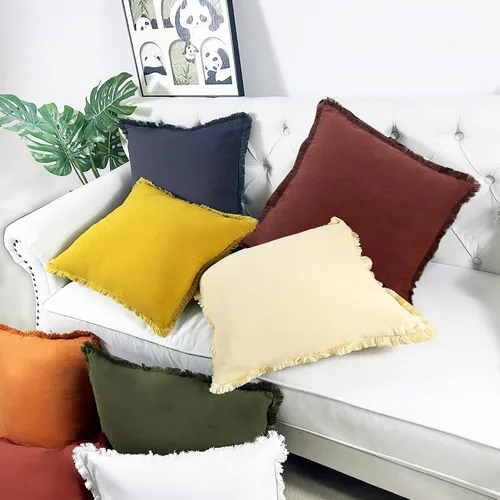 Vista 6 de Juego de 2 fundas de almohada decorativas marrones de 18 x 18 pulgadas, fundas de almohada modernas de granja con borlas de flecos, suaves