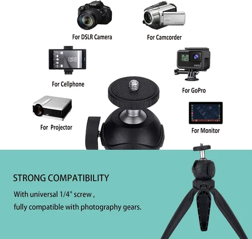 Vista 2 de Mini trípode para cámara con soporte para teléfono y soporte GoPro, cabezal de bola 360, negro, compatible con DSLR, GoPro, Smartphone, Webcam