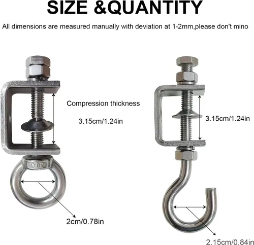 Vista 2 de 4 abrazaderas C de acero inoxidable con anillo; gancho en J resistente para colgar; abrazadera de haz con anillo, que puede soportar 100 libras