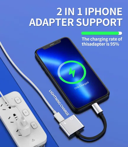 Vista 6 de Adaptador de carga de audio para iPhone 2 en 1, adaptador de carga de audio para Apple MFI, certificado MFI, conector de cable AUX para 14 13 12 11