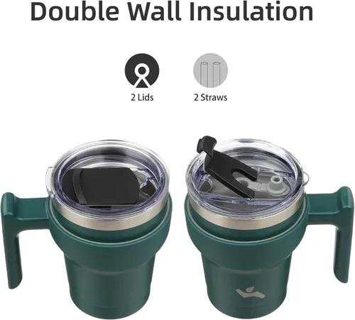 Vista 3 de Konokyo - Vaso de 10 onzas con asa y 2 popotes, 2 tapas, botella de agua aislada de acero inoxidable, taza de viaje reutilizable, color verde militar