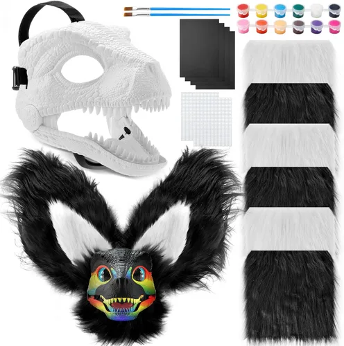 Vista 10 de Seenelling Kit de 13 piezas de máscara de dinosaurio DIY, máscara de dinosaurio de plástico duro, kit de disfraz de dinosaurio peludo Therian