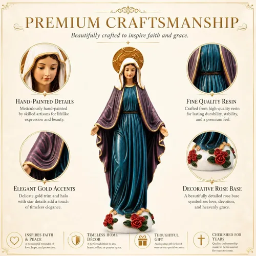 Vista 8 de Comfy Hour Mary - Estatua de Virgen María de 9 pulgadas, decoración católica de la Madre Bendita con rosas, escultura religiosa de poliresina