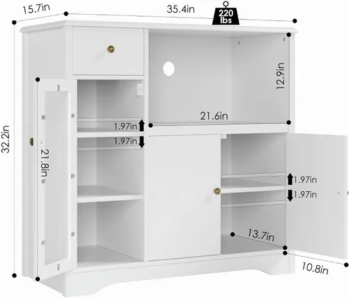 Vista 3 de HORSTORS Armario para microondas, armario de almacenamiento de cocina con 3 puertas y 1 cajón, aparador de buffet con estantes ajustables, soporte