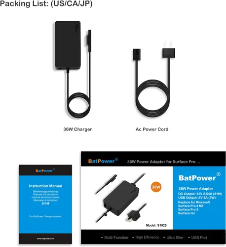 Vista 5 de BatPower Cargador de superficie de 12 V 2.58 A de 36 W compatible con Microsoft Surface Laptop Surface Pro X 7 6 5 4 3 Go Tablet Fuente