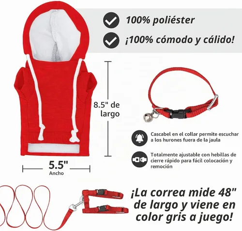 Vista 2 de Conjunto de suéter, arnés y correa de hurón rojo - Ropa para hurones - Accesorios para hurones - Ropa para hurones - Cosas de hurón - Sudaderas
