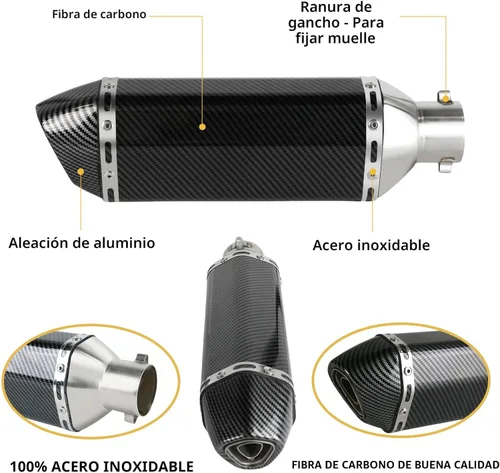 Vista 2 de Silenciador de escape de fibra de carbono de 1.5 – 2 pulgadas con DB Killer extraíble para motocicletas de calle/deporte y scooters con tubos