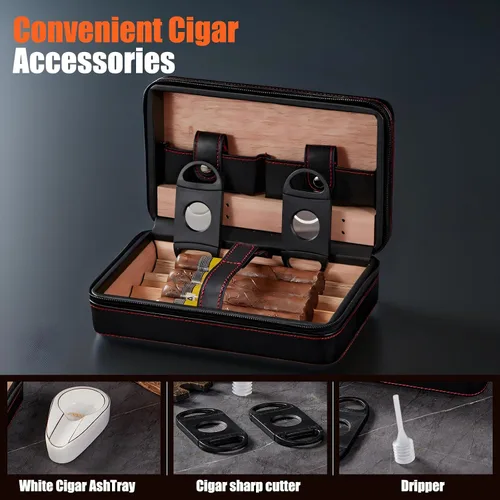 Vista 3 de Estuche para puros, humidificador de viaje, paquete de 4 fundas de cuero de cedro negro con cortador de puros, humidificador, cenicero y toalla