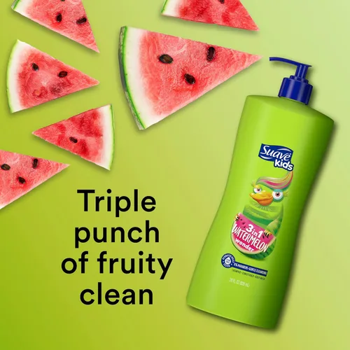 Vista 3 de Suave Kids 3 en 1 sin lágrimas, gel de baño, champú y acondicionador, probado por dermatólogos, Watermelon Wonder, 18 onzas, paquete de 6