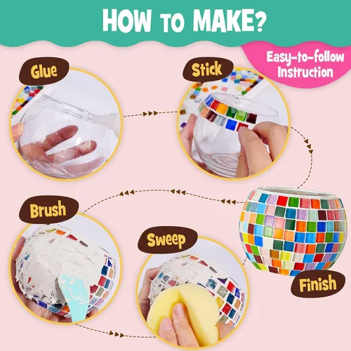 Vista 4 de Kit de portavelas de mosaico de vidrio, kits de mosaico de bricolaje para adultos y manualidades para niñas de 8 a 12 años, artes y manualidades