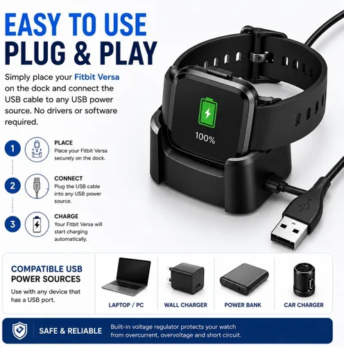Vista 5 de Master Cables Cargador de repuesto para reloj inteligente Fitbit Versa, cable de carga USB, adaptador de base con carga rápida y protección