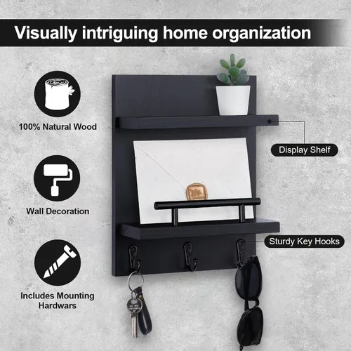 Vista 3 de Soporte de pared para llaves, decoración de estante de correo con 3 ganchos para llaves, organizador de pared de madera versátil para entrada