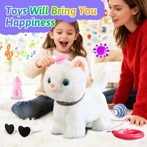 Vista 5 de Juego de gato que camina con correa blanca cantando que ronronea y maulla, robot de peluche animado, gatito, mascota en movimiento, realista, animal