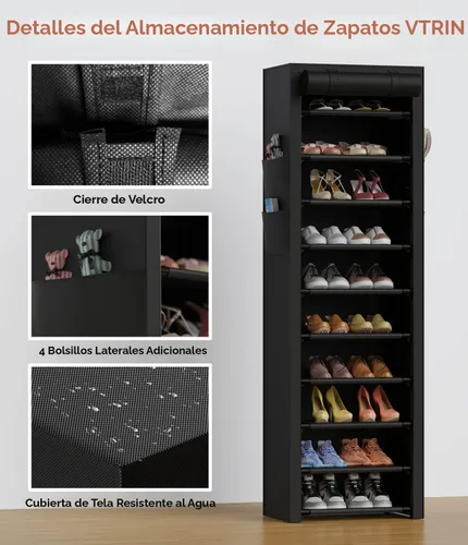 Vista 7 de VTRIN - Zapatero alto, organizador estrecho y vertical para armario o recibidor, 10 niveles, cubierta no tejida, contiene 20-22 pares de zapatos