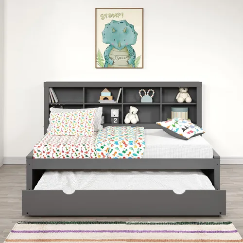 Vista 2 de Donco Kids Equable Modern - Estantería individual con cama corrediza doble en acabado gris oscuro