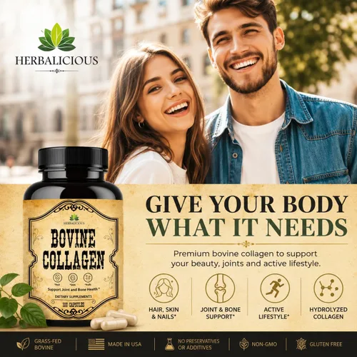 Vista 4 de HERBALICIOUS Suplementos de colágeno bovino para hombres y mujeres Péptidos de colágeno bovino hidrolizados alimentados con pasto Soporte