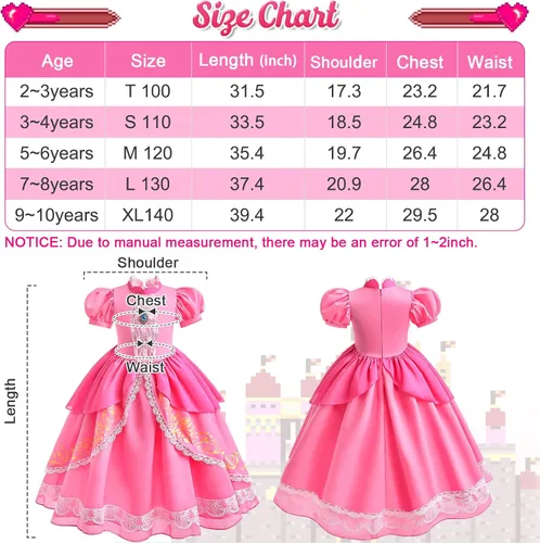Vista 7 de Tacobear Disfraz de princesa melocotón para niñas, vestido con accesorios para Halloween, cumpleaños, ropa de princesa para niñas pequeñas