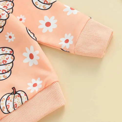 Vista 6 de Conjunto de sudadera de calabaza para niñas pequeñas de Halloween y pantalones cálidos, ropa de otoño e invierno