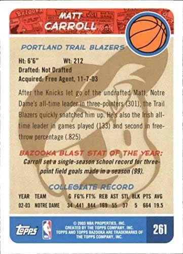 Vista 2 de 2003-04 Bazooka Parallel #261 Matt Carroll NBA Basketball Trading Card