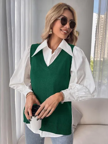 Vista 5 de Romwe Suéter de punto con cuello en V para mujer, color liso, con abertura lateral, sin mangas, holgada, blusa sin mangas